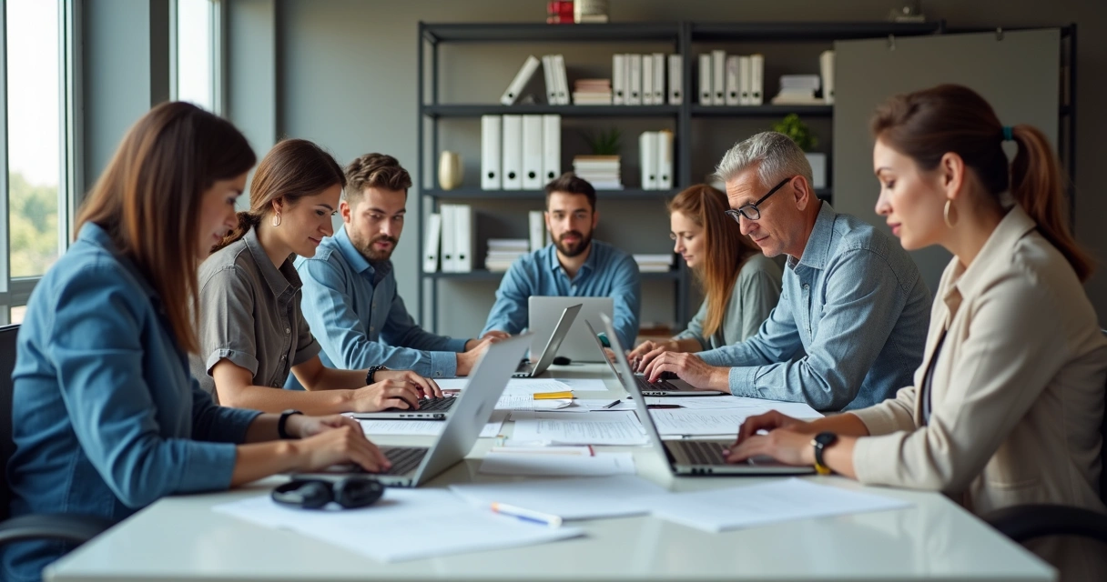 Grupo de tradutores certificados revisando documentos em diferentes idiomas, sentados ao redor de uma mesa com notebooks e papéis