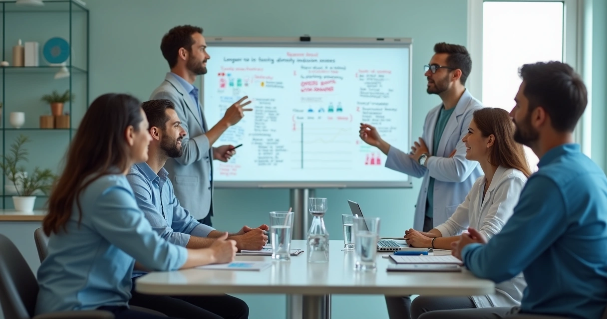 Equipe de clínica odontológica reunida em treinamento, olhando para um flip chart 