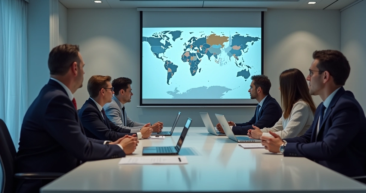 Equipe em sala de reunião participando de treinamento digital mostrado em tela