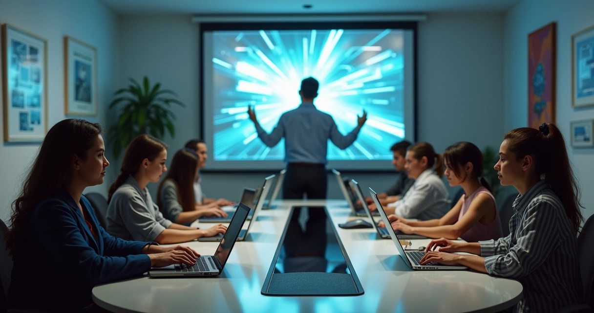 Equipe usando computadores antigos e IA moderna em treinamento 