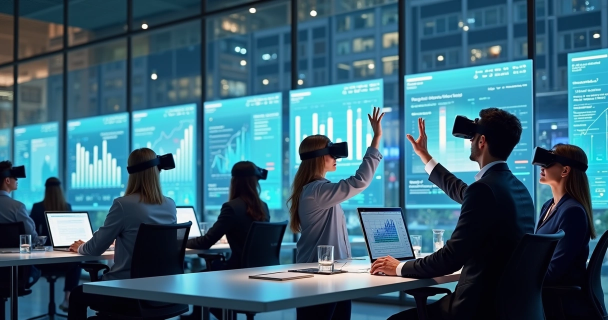Equipe em treinamento corporativo usando realidade virtual 