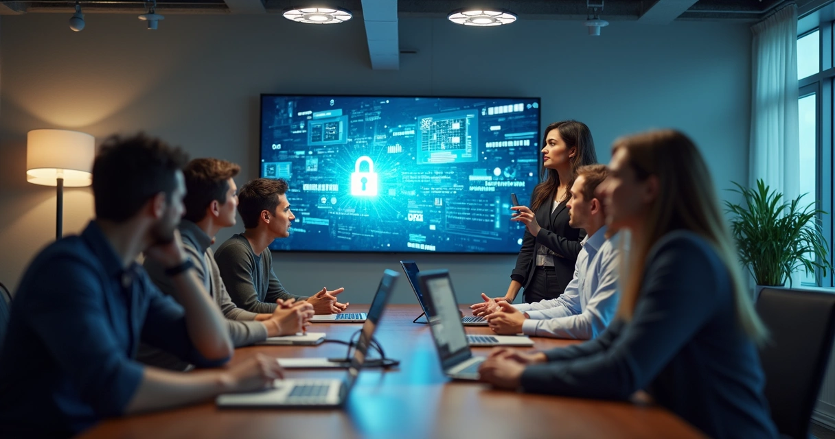 Equipe reunida participando de treinamento em software em sala de reunião 