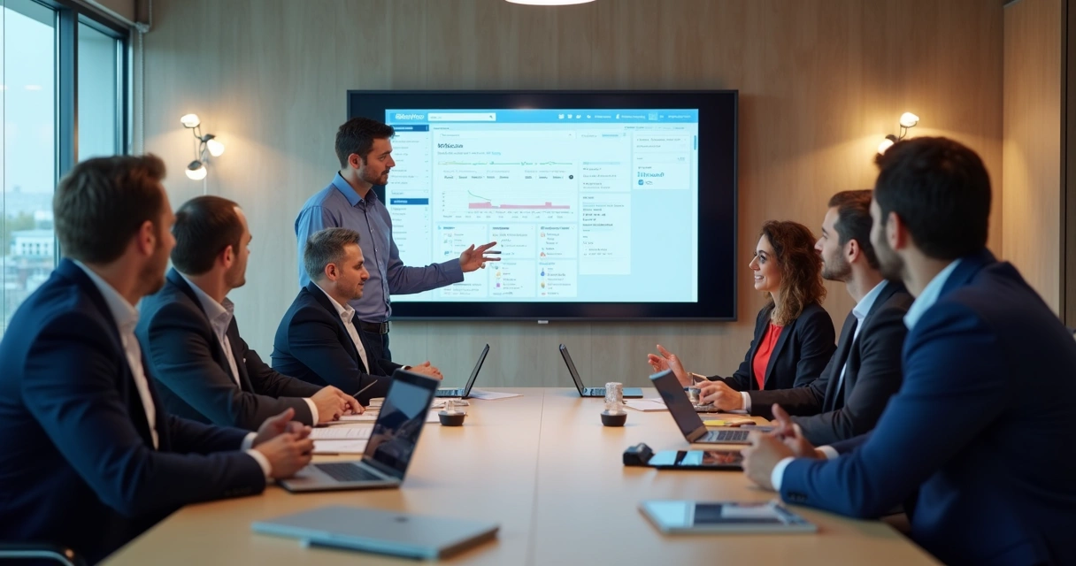 Equipe de corretores participando de treinamento em CRM imobiliário, todos atentos ao instrutor em uma sala moderna