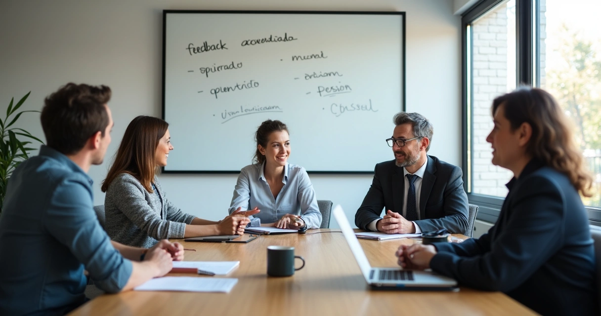 Equipe de escritório em reunião trocando feedbacks 