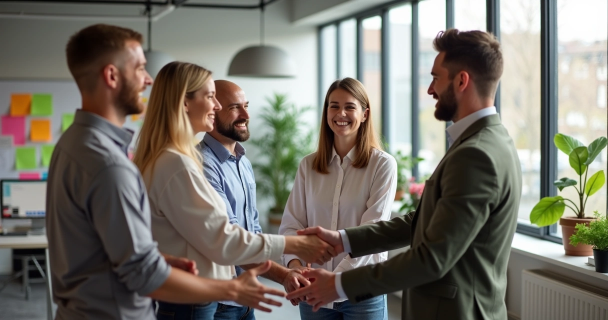 Equipe de trabalho sorridente em roda, mãos dadas, em ambiente moderno e iluminado. 