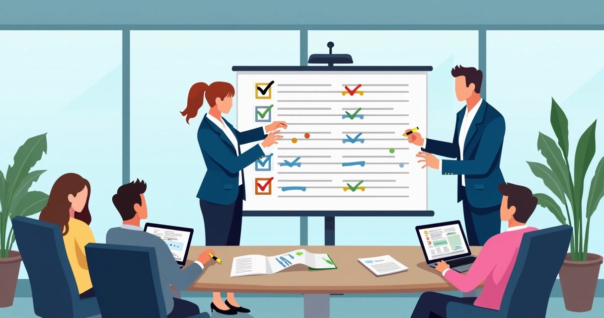 Colaboradores revisando checklist no Excel durante reunião 