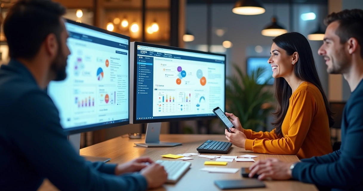 Equipe de vendas usando sistema de CRM em monitores conectados em um escritório moderno 