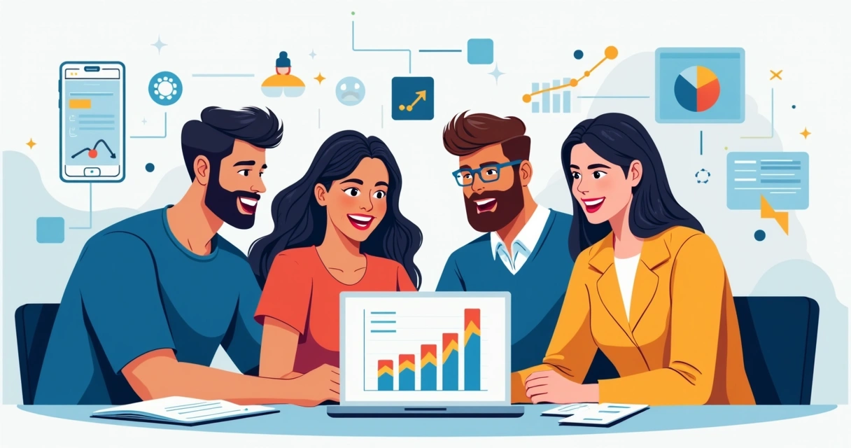 Ilustração de uma equipe reunida em volta de um notebook com gráficos de vendas crescendo na tela 