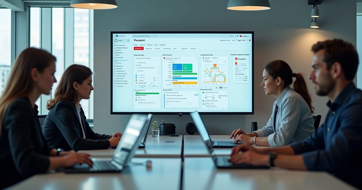 Equipe de escritório usando notebooks e software de gestão compartilhada 