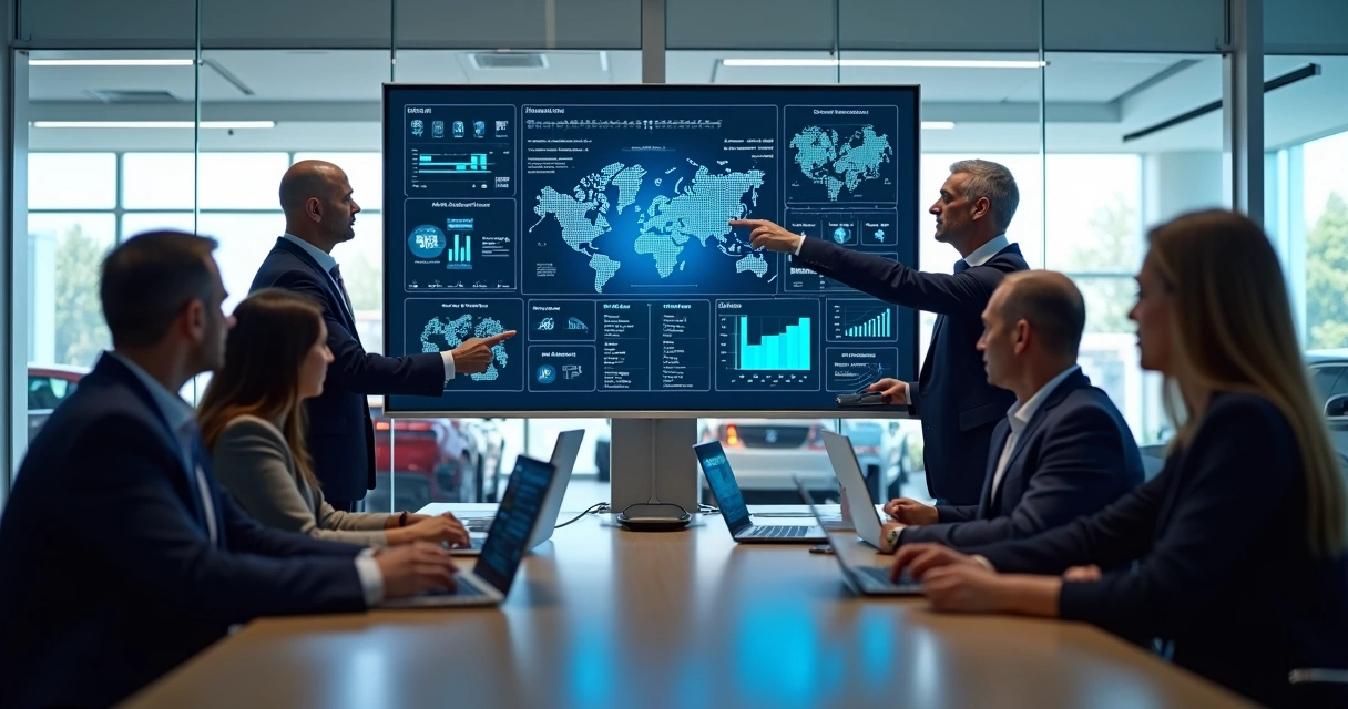 Equipe de concessionária analisando performance de vendas por IA