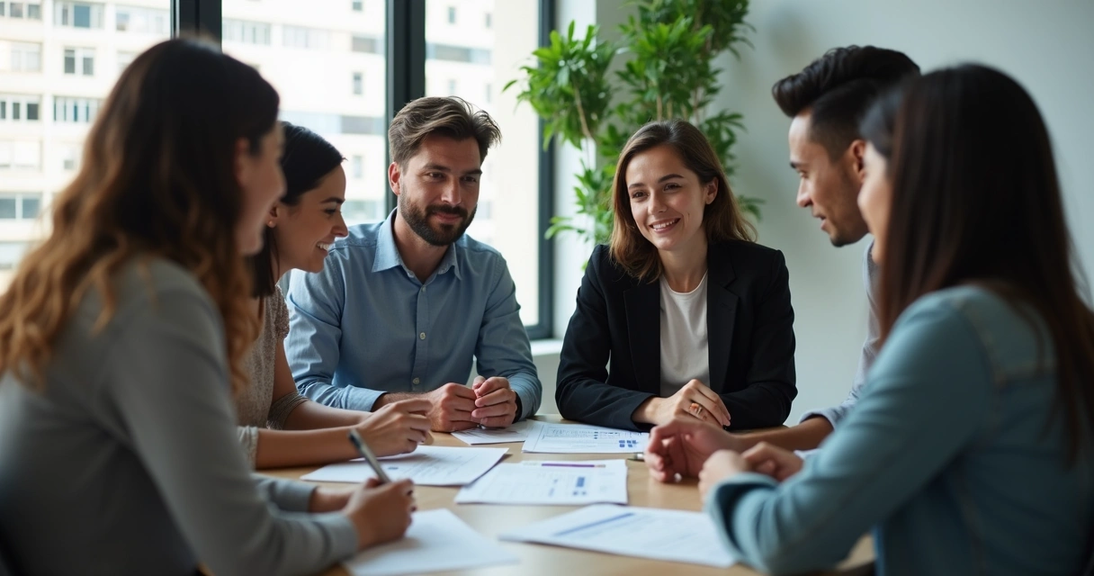 Pequena equipe de vendas revisando leads em uma mesa de escritório 