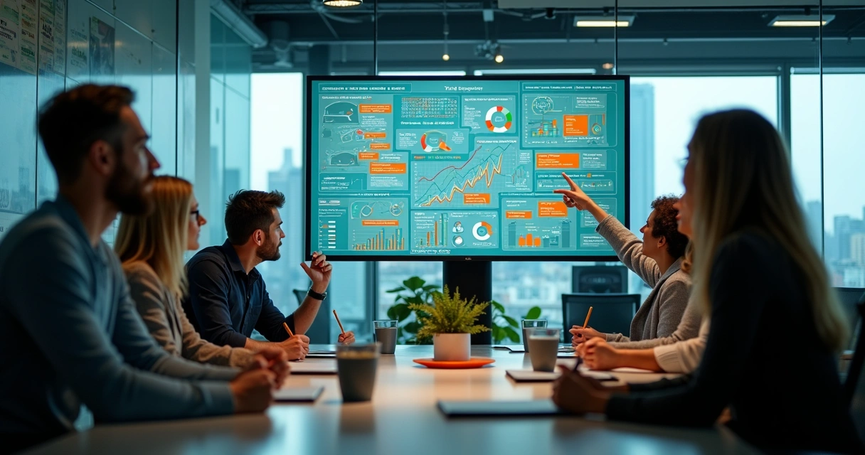 Equipe de vendas analisando gráficos em tela grande 
