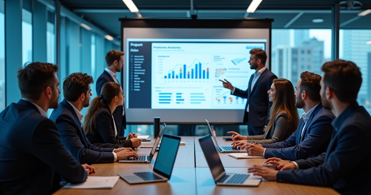 Ferramenta para Prospecção de Clientes: Como Escolher e Integrar com Inteligência Comercial 4 Equipe de vendas analisando dados em sala de reunião, tela mostrando oportunidades e gráficos de funil.