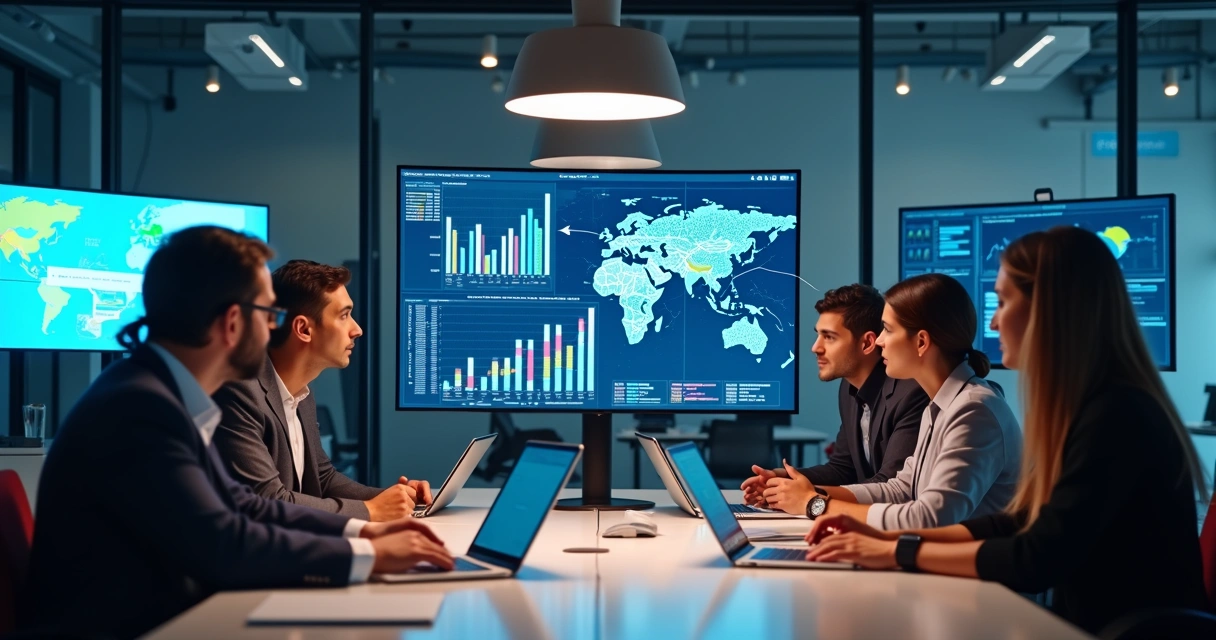 Equipe de vendas analisando dados em monitores, gráficos com cores vivas e automações em segundo plano 