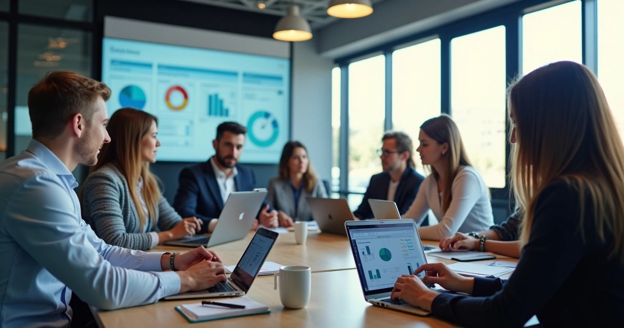 Equipe de vendas estudando conteúdo digital em plataforma online 