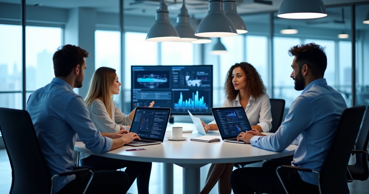 Equipe de vendas B2B usando computadores em ambiente de escritório moderno 