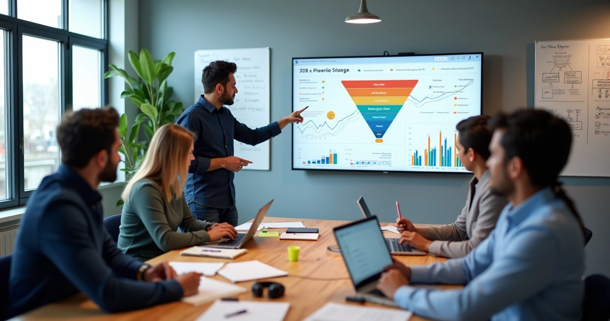 Equipe de agência digital analisando funil de vendas B2B em tela grande 