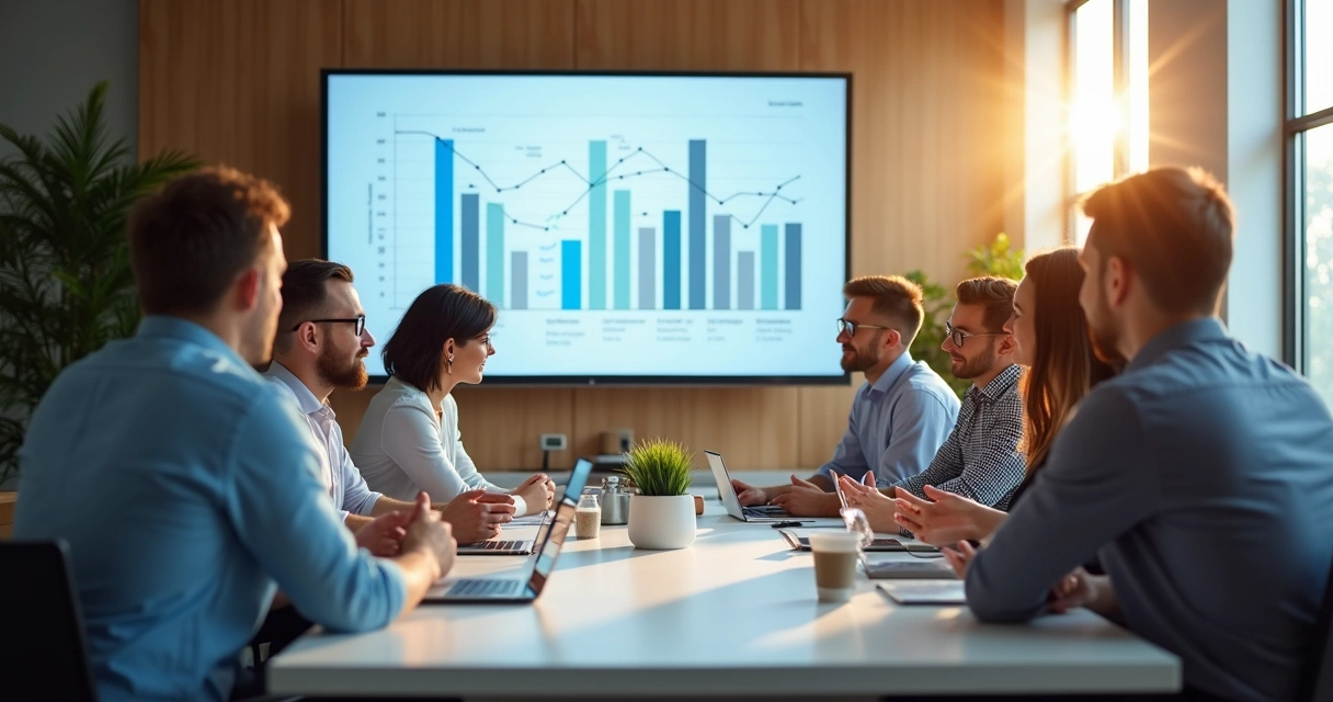 Equipe analisando proposta digital em reunião 