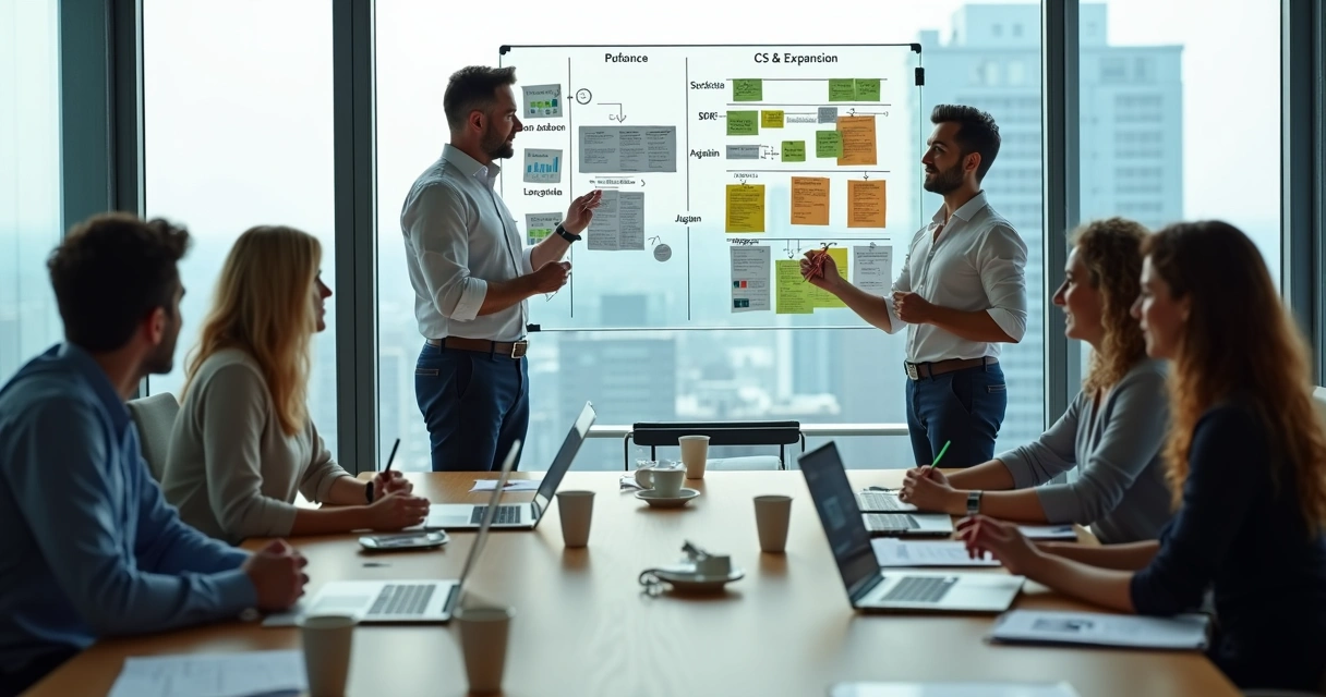 Gestor organizando equipe de vendas B2B em torno de quadro estratégico 