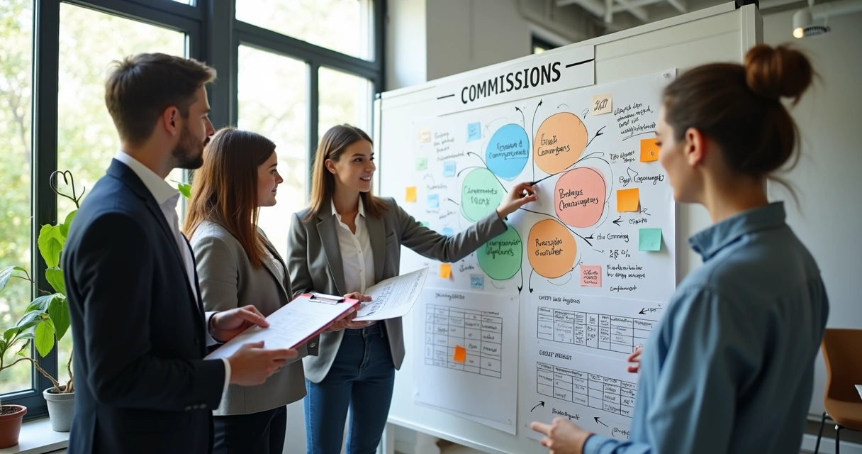 Quadro de metas e comissões com equipe de vendas apontando para gráficos coloridos 