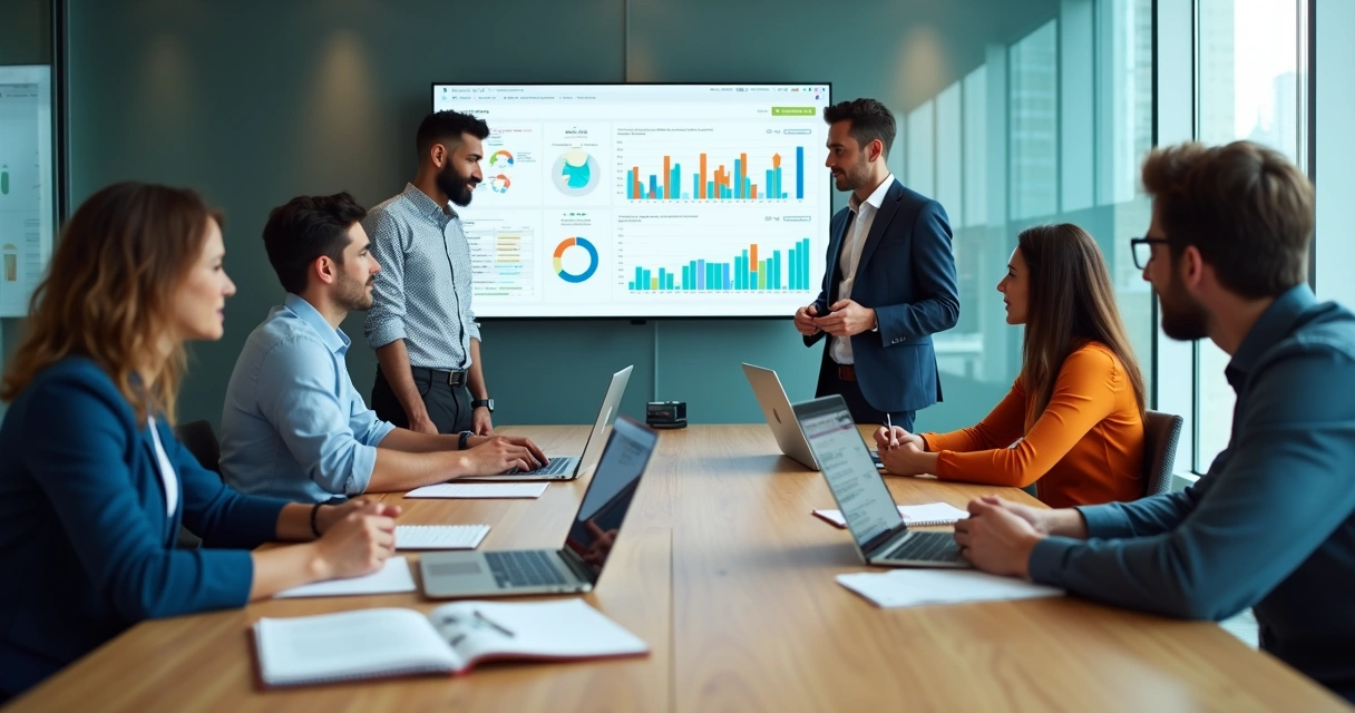 Equipe de vendas em reunião consultiva com gráficos e CRM na tela 