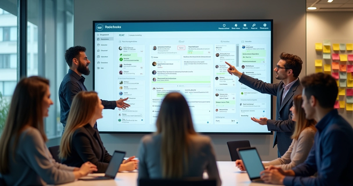 Equipe de vendas analisando leads em uma tela grande com mensagens integradas 