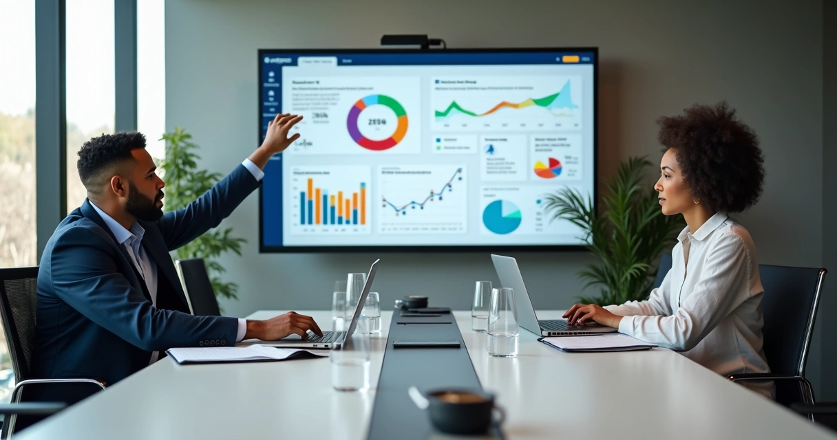 Equipe de vendas SaaS e CS analisando juntos relatórios em sala de reunião moderna 