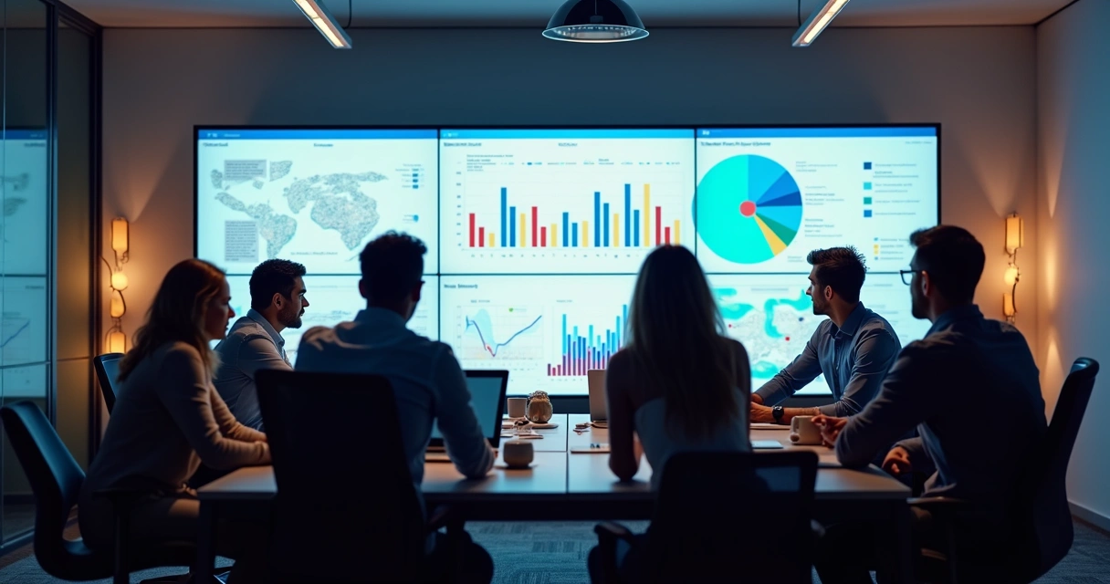 Equipe de vendas analisando gráficos dinâmicos em sala de reuniões 