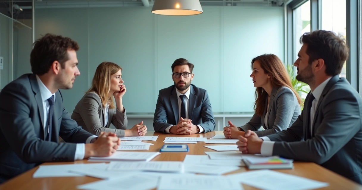 Equipe comercial B2B desorganizada e frustrada em reunião 