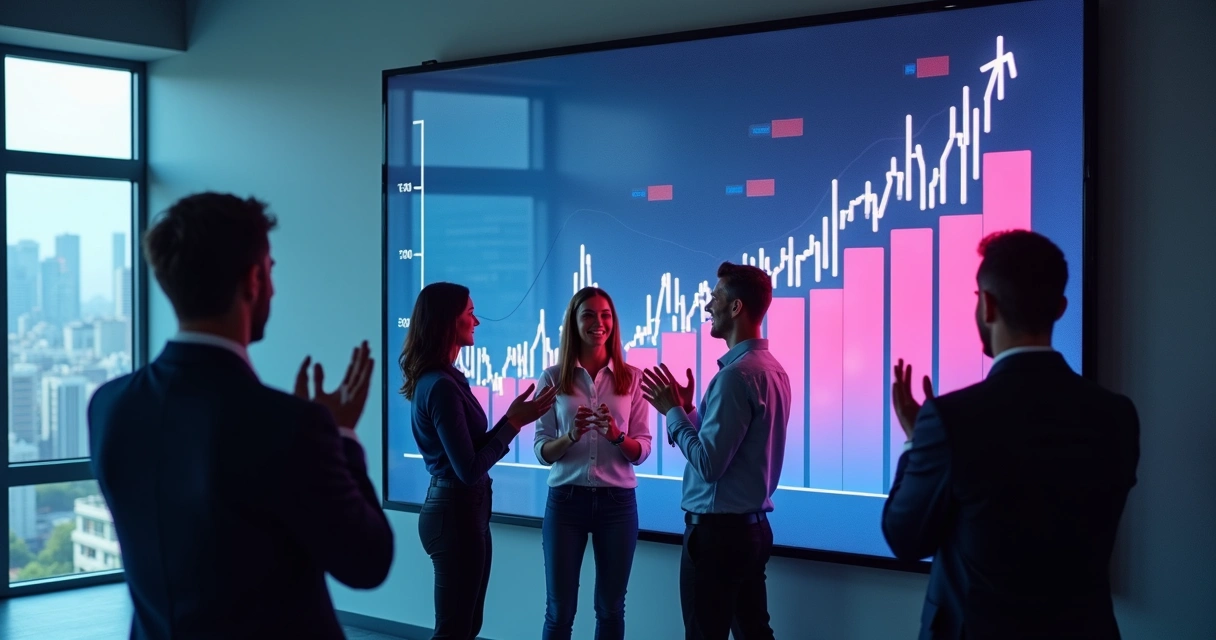 Equipe de vendas comemorando resultados em painel digital. 