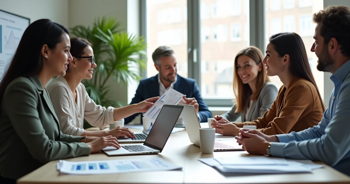 Equipe de vendas pequena reunida em sala com apresentações e papéis sobre vendas 