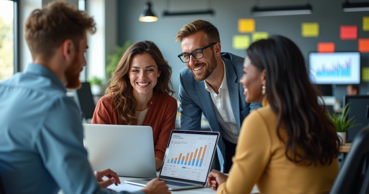 Equipe de vendas B2B comemorando resultados ao redor de computador 