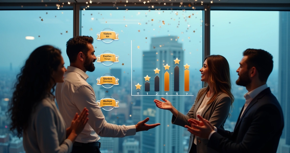 Equipe de vendas comemorando ao redor de quadro de rankings 