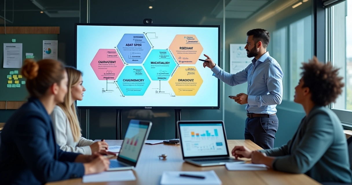 Equipe de vendas analisando frameworks em painel digital com funil e gráficos 