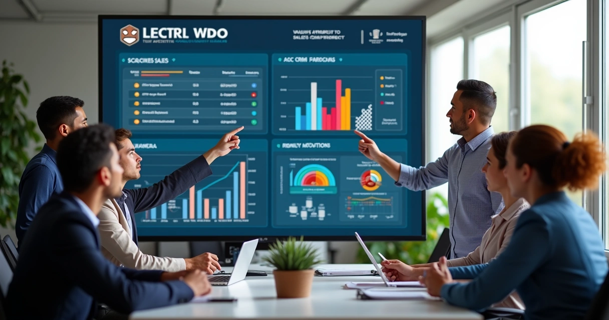 Equipe de vendas motivada com gráficos e símbolos de gamificação em interface de CRM digital na tela 