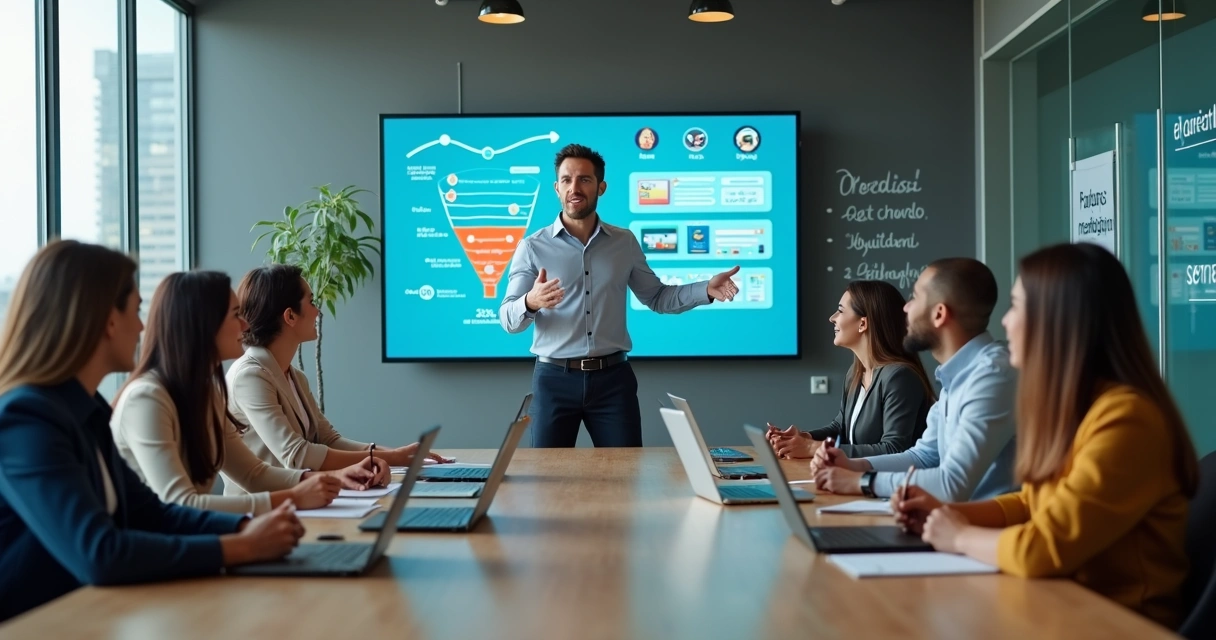 Equipe em reunião de vendas analisando funil e estratégias com IA em um escritório moderno 