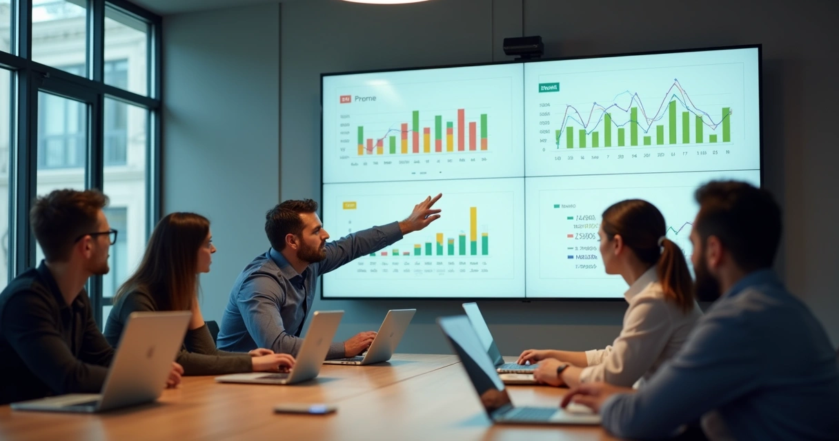 Gestor de vendas frustrado olhando painel de indicadores confuso em reunião com equipe 