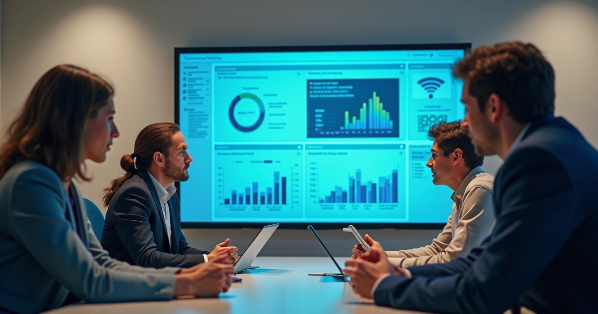 Equipe de vendas analisa painel digital de inteligência comercial 