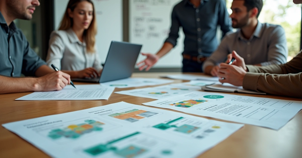 Equipe comercial de PME reunida ao redor de mesa com materiais de kit de vendas organizados 