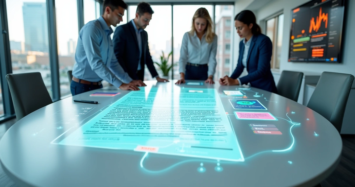 Equipe de vendas revisando contrato digital com automações ao redor 