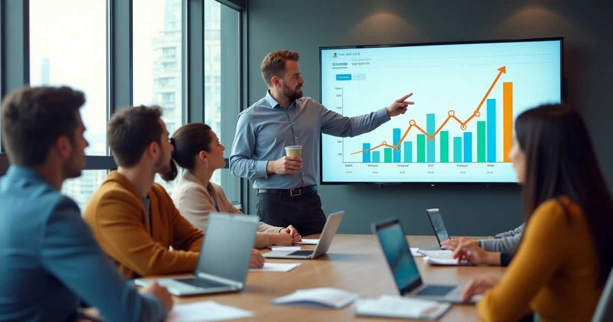 Gestor comercial apresenta metas de vendas em tela com gráficos para equipe de PME 