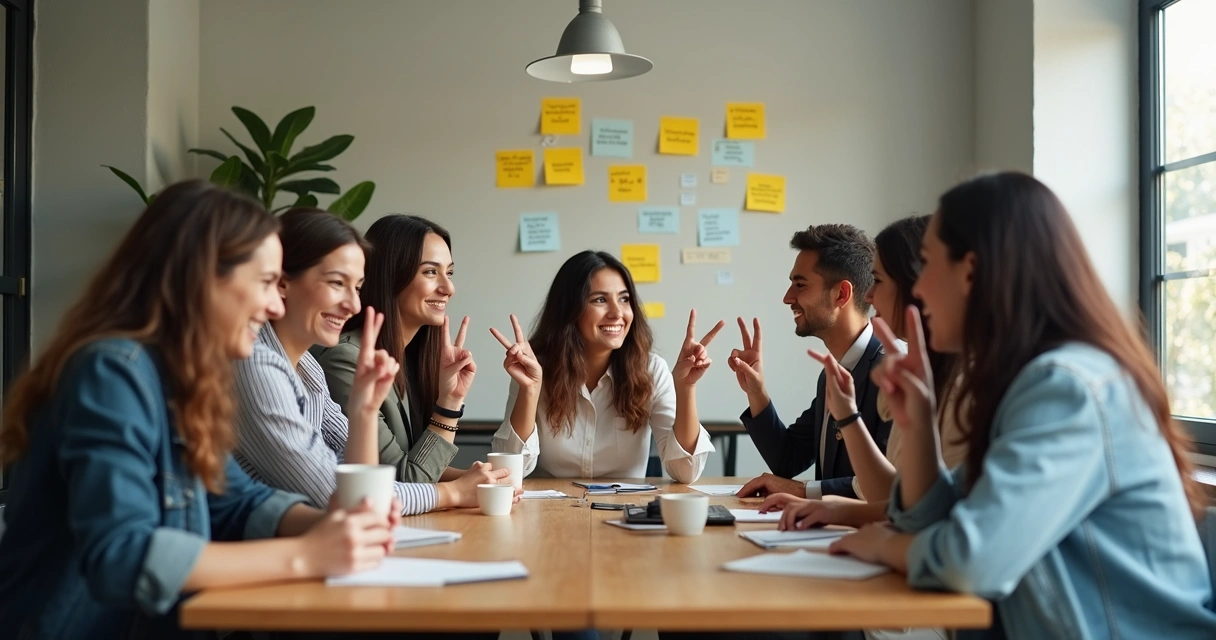 Equipe de vendas comemorando com gestos de vitória e sorrisos, sentados em uma mesa de reuniões