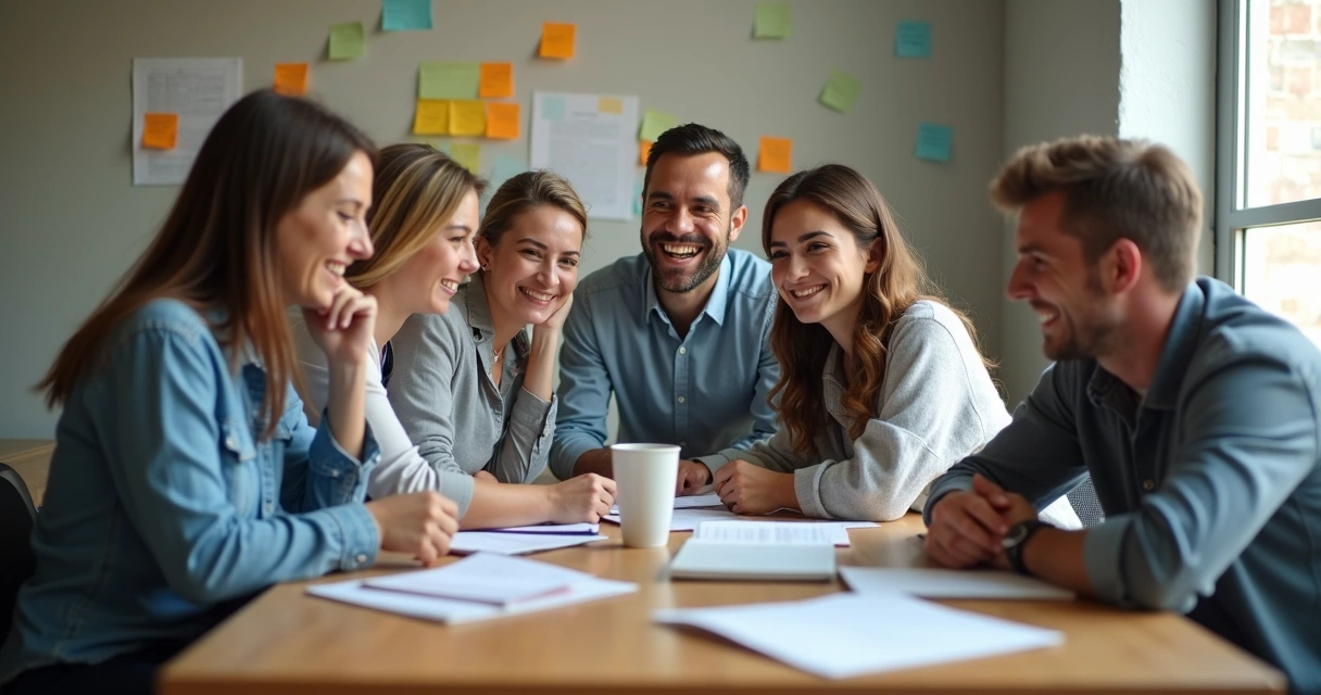 Equipe de vendas reunida em uma pequena empresa, todos sorrindo ao redor de uma mesa com notebooks e papéis 
