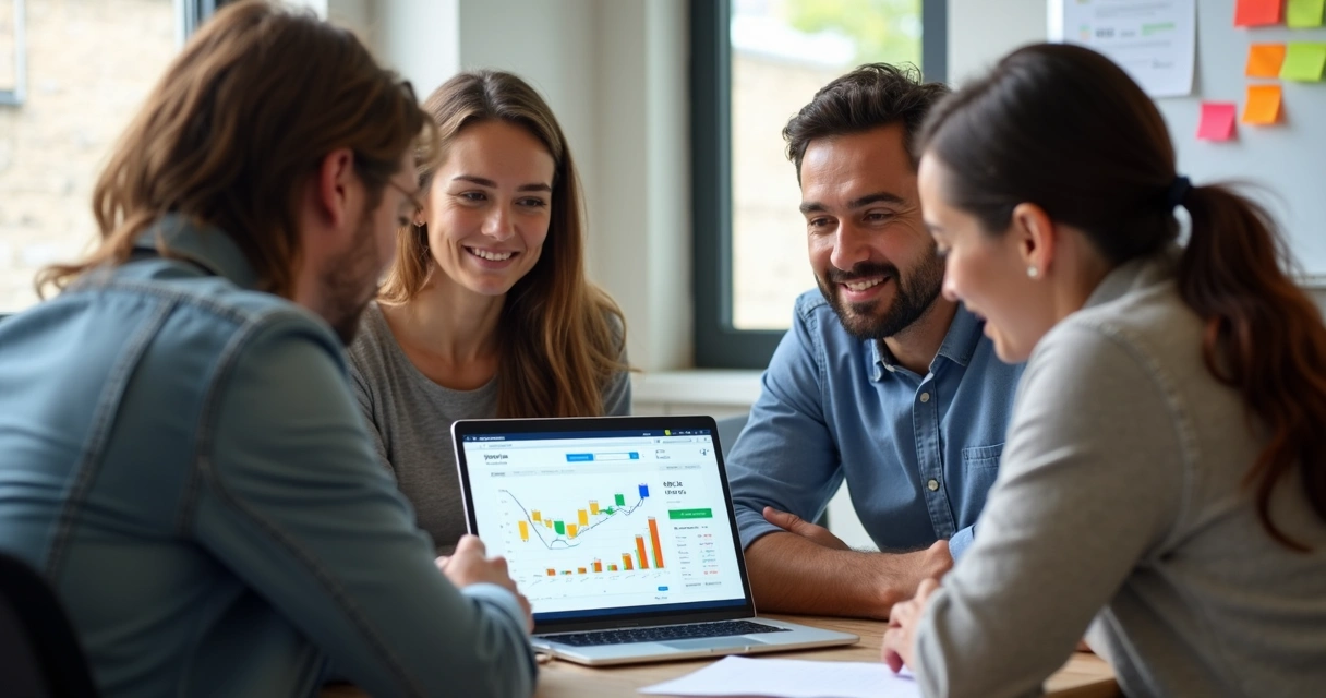 Small sales team gathered around a laptop with sales graphs