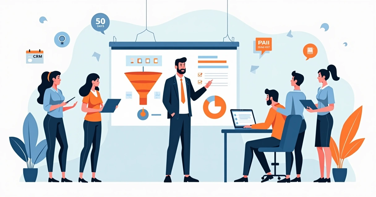 Gestor montando time de vendas com pessoas e funil desenhado em painel 