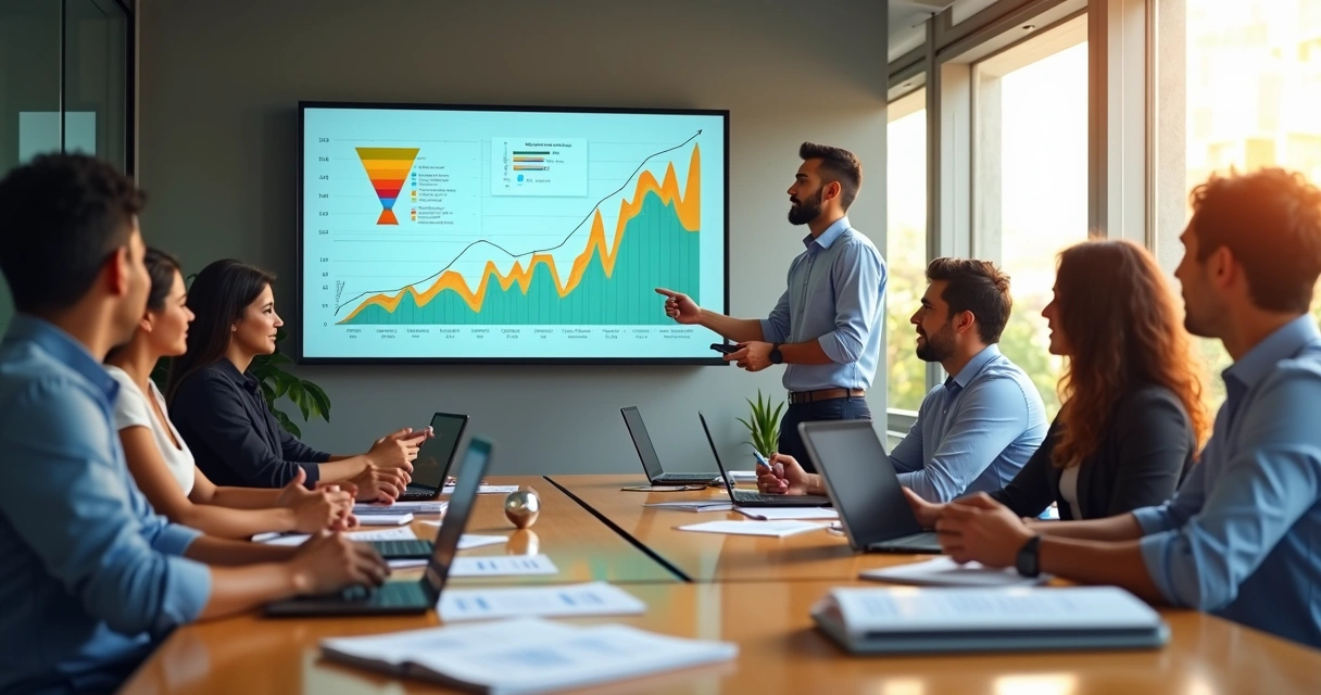 Gestor e time de vendas PME em reunião analisando gráficos de desempenho 