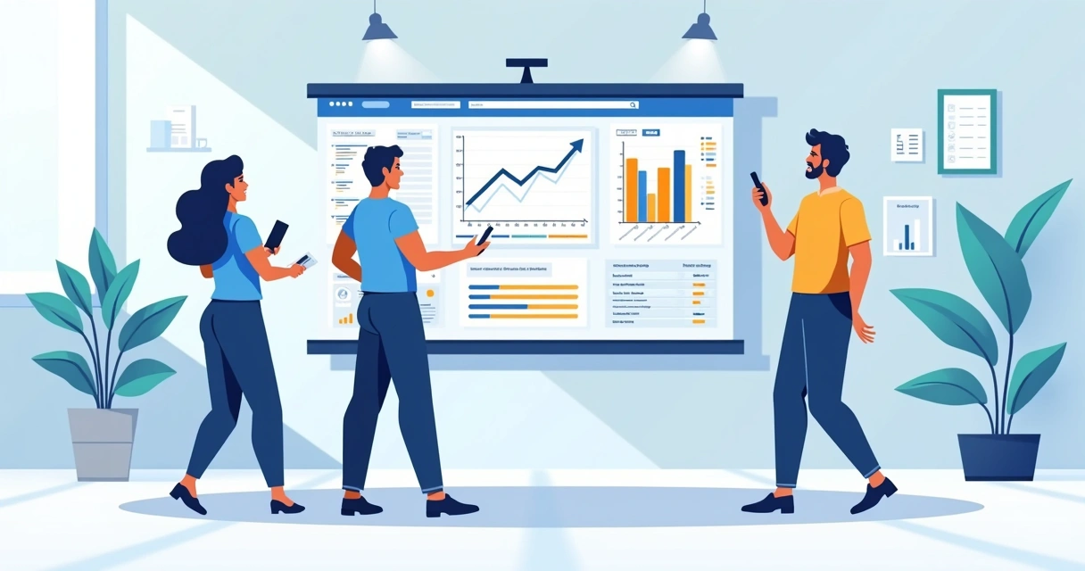 Equipe de vendas usando um painel de previsões em distribuidora