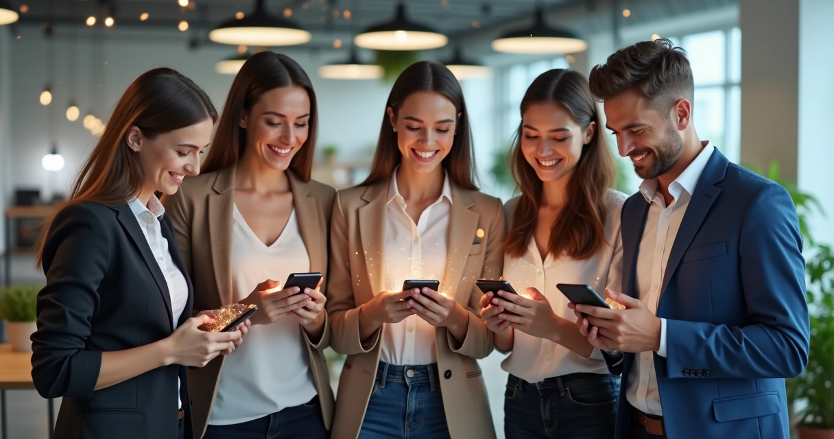 Equipe de vendas comemorando premiação digital com smartphones em mãos 