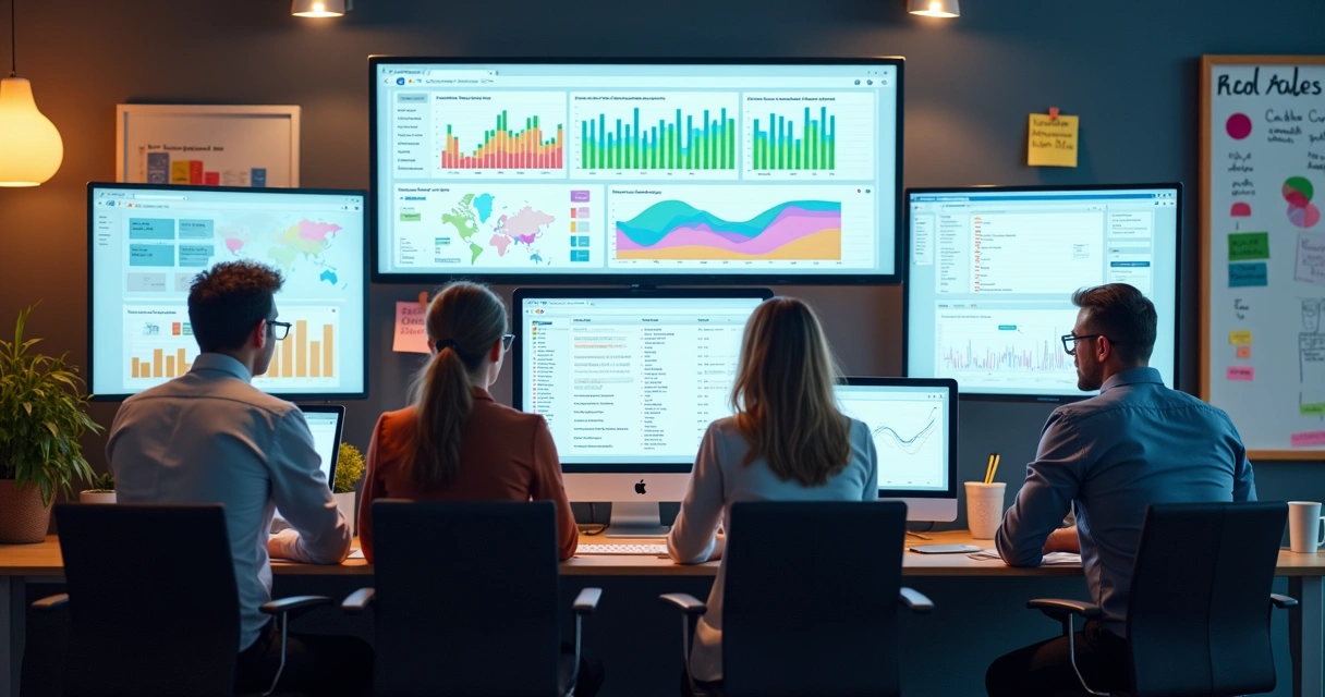 Equipe comercial analisando dados em telas grandes de computador 
