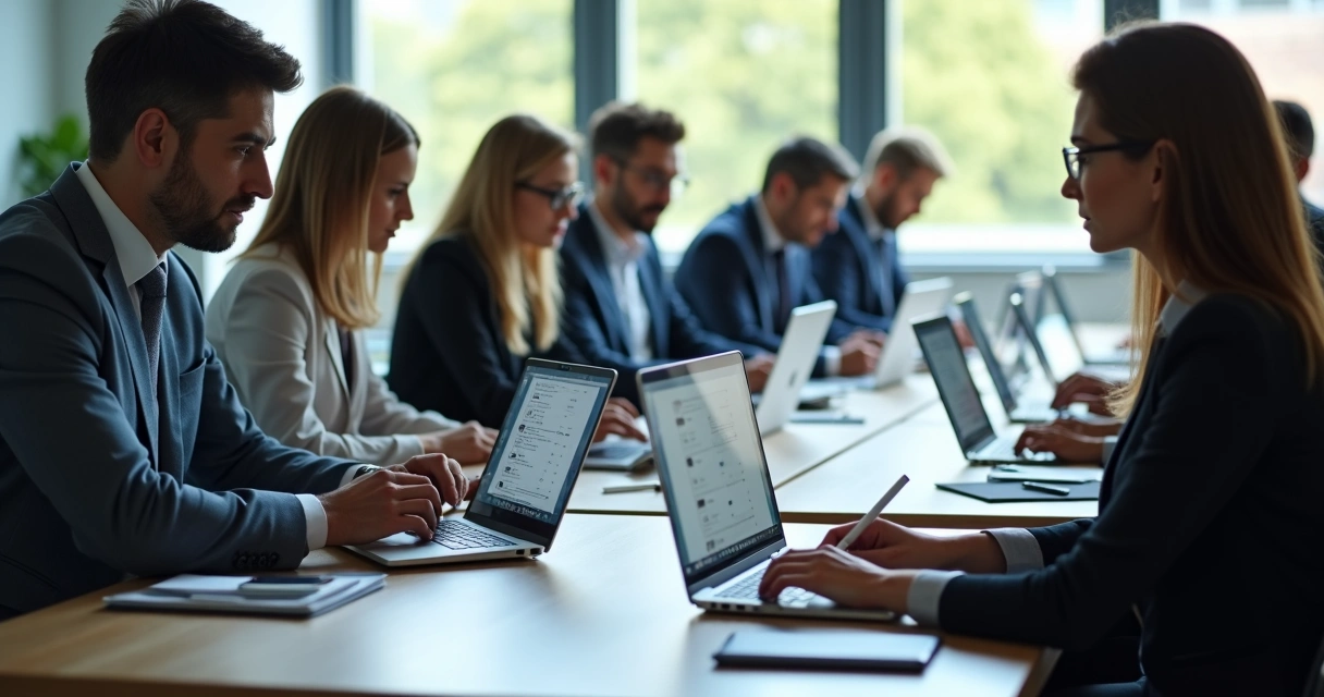 Equipe de vendas enviando e-mails em notebooks 